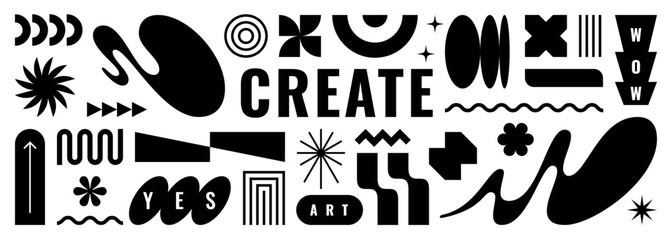 Abstract shape element icon set. Vector playful pattern sticker collection. Modern geometry forms for background. Graphic retro wavy logo figures and typography in black and white