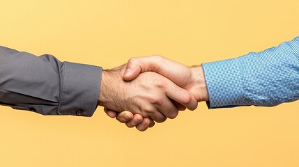 Close Up of Two Business Professionals Shaking Hands to Seal a Partnership Against a Yellow Background