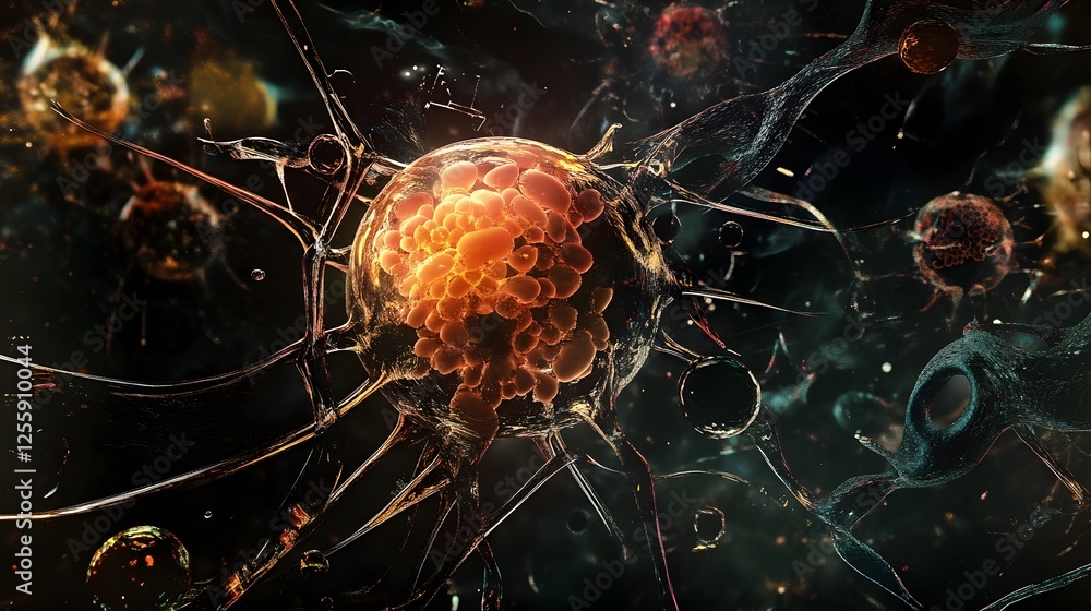 Poster Intricate microscopic view of an abstract cellular structure or neural network against a futuristic digital backdrop showcasing the complexity and beauty of biological and scientific concepts