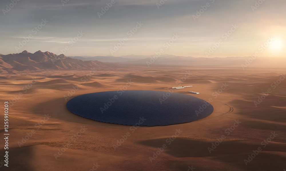 Poster a futuristic solar energy installation in a desert landscape with unique circular patterns, reflecti