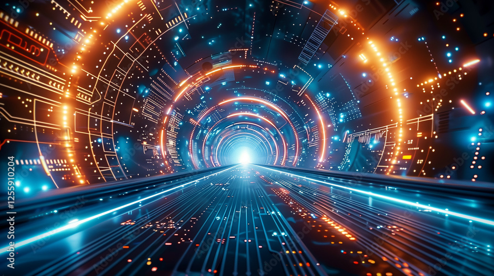 Poster futuristic technology tunnel with vibrant blue and orange lights, creating a high-speed data stream 