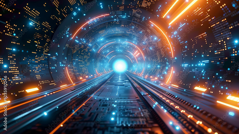 Wall mural advanced technology tunnel with futuristic blue and orange lighting and high-speed data streams