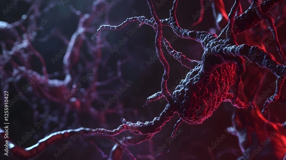 Poster intricate neural network patterns in vibrant red and purple hues representing the complex communicat