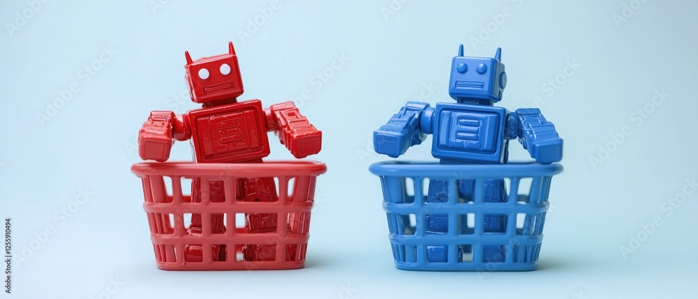 Poster colorful toy robots in baskets: one red and one blue performing a playful display on a light backgro