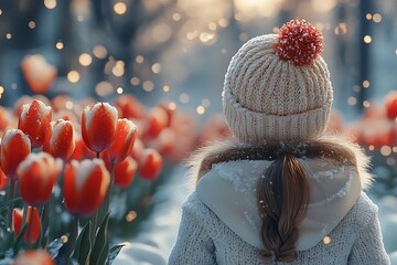Girl in Warm Hat Admiring Red Tulips in a Snowy Landscape