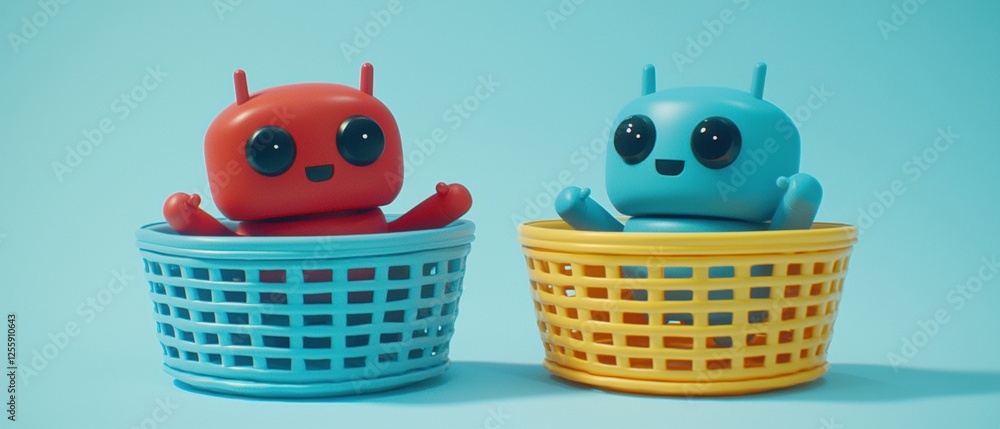 Poster two colorful toy robots in baskets: fun and playful scene with red and blue characters