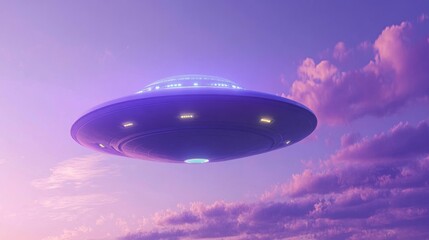Obraz premium Futuristic UFO Hovering in a Purple Sky at Dusk with Soft Clouds and Ethereal Lighting