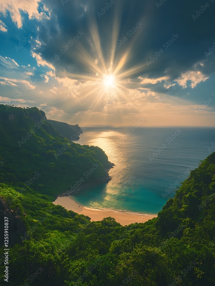 Aufkleber a stunning coastal view features a sunlit beach surrounded by lush greenery and dramatic clouds, cre