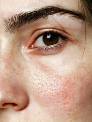 Obraz premium Close-up view of a young woman's expressive face highlighting her natural beauty and features with warm tones