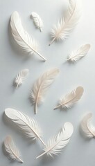 soft wispy feathers scattered on a pale grey background, texture, grey, ethereal