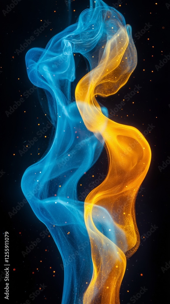 Poster colorful smoke swirls in blue and orange create dynamic patterns on a dark background