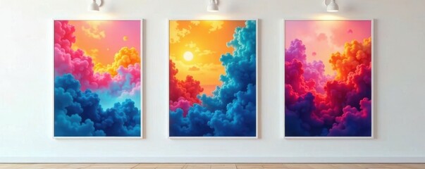 Three vibrant posters adorn a white wall, creating a gallery display , texture, home decor, office