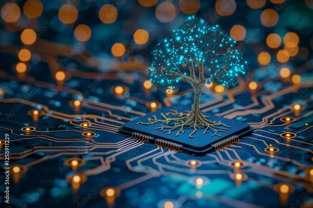 Poster digitally rendered image of a vibrant blue tree of light on a microchip, symbolizing technology and 