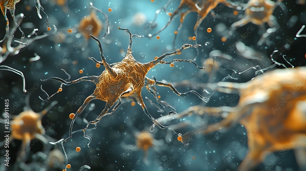 Poster Intricate Neuronal Network with Firing Synaptic Connections in Abstract Microscopic View  Complex neural pathways and neurochemical communication in the brain or nervous system
