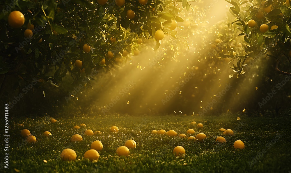 Poster A tranquil orchard scene with sunbeams filtering through trees, illuminating fallen oranges on lush grass.