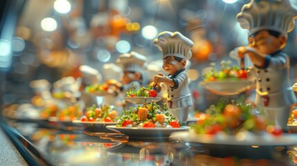 Miniature chef figurines preparing colorful dishes in a display.
