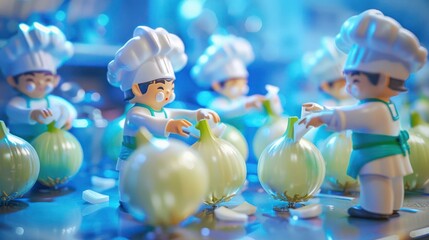 A playful scene with miniature chefs preparing onions in a vibrant kitchen setting.
