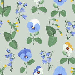 Campanula, pansies and primula a gray background. Seamless vector illustration. For decorating textiles and packaging.