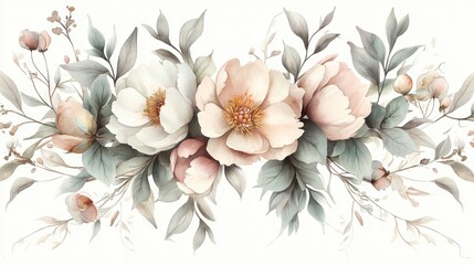 Delicate Watercolor Floral Design Featuring Soft Peonies and Green Leaves in Pastel Tones