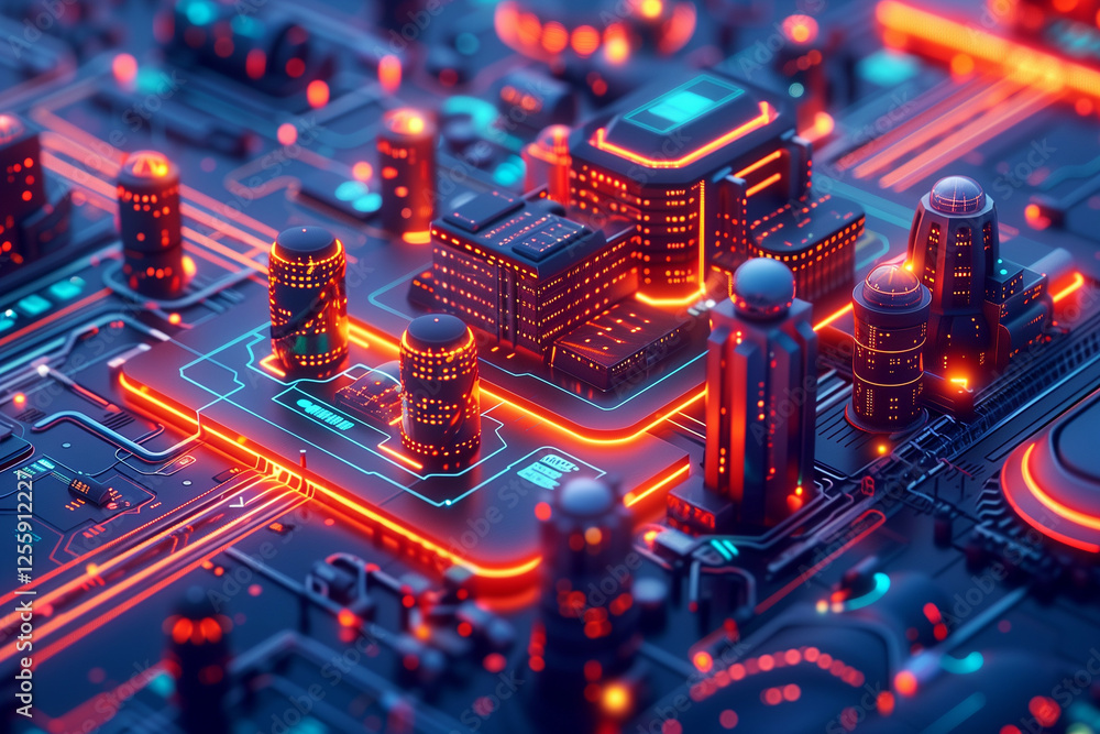 Canvas Prints futuristic neon-lit microchip cityscape with glowing red circuitry and advanced technology design