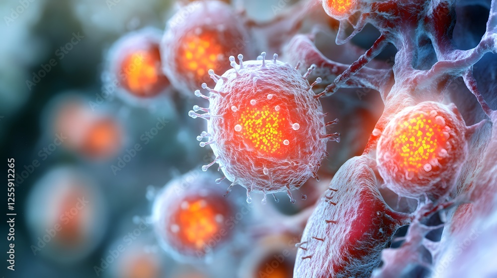 Poster detailed close-up of colorful microscopic virus cells under magnification