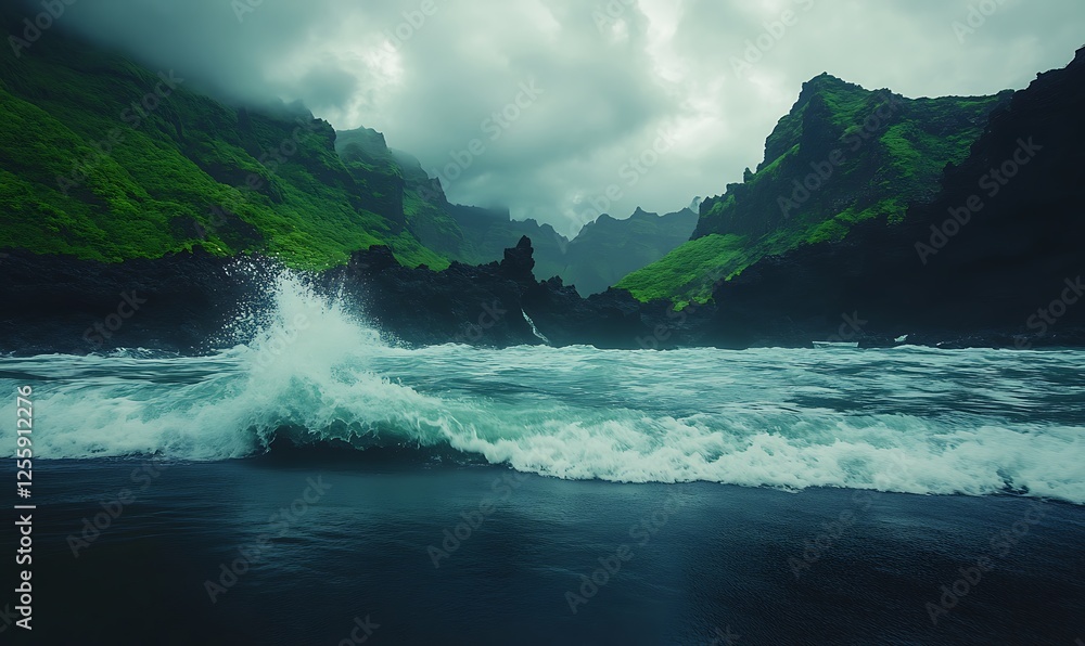 Poster a dramatic scene of a turbulent ocean wave crashing against dark rocks, framed by lush green cliffs 