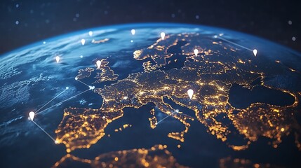 A global map of the Earth with white location pin gps tracking, Earth from Space with Global Connectivity Markers