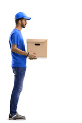 A male deliveryman, on a white background, full-length, with a box