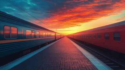 Naklejka premium Beautiful sunset viewed from a train station with colorful clouds and reflecting tracks