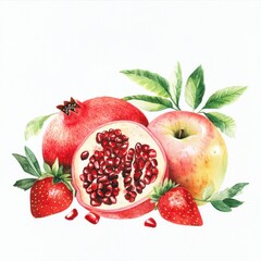 Pomegranate, apple, strawberries, watercolor painting, food illustration
