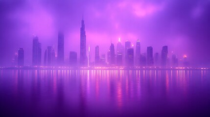 Obraz premium Purple Cityscape Skyline Reflected in Calm Water at Dusk