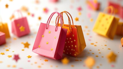 Colorful decorative gift bags with star patterns on a festive background of scattered stars