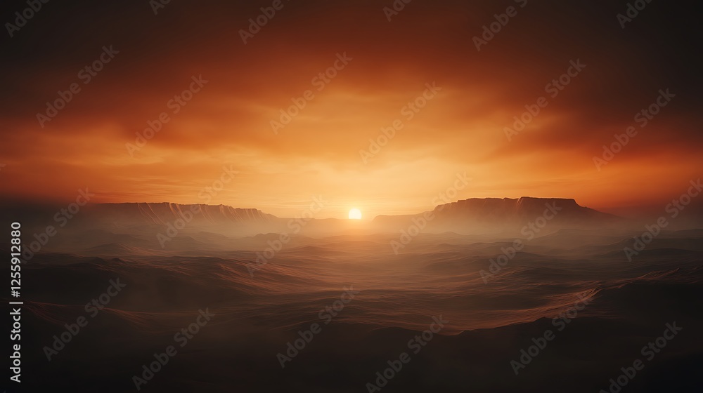 Poster a breathtaking sunset illuminates a hazy landscape, casting warm hues across the horizon, creating a
