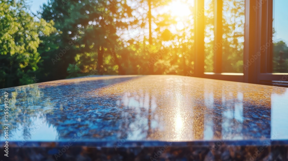 Poster sunlit outdoor table reflection nature setting image capture serene environment close-up view barebo