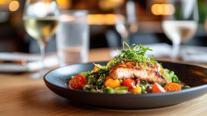 Gourmet salmon salad with vegetables on restaurant table
