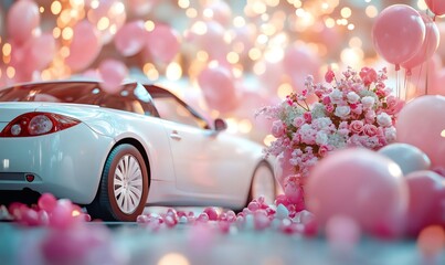 Romantic surprise with a white convertible sports car decorated with flowers and balloons under fairy lights