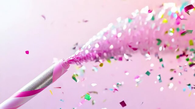Colorful confetti is joyfully released from a party horn against a soft pink background, capturing festive energy and excitement