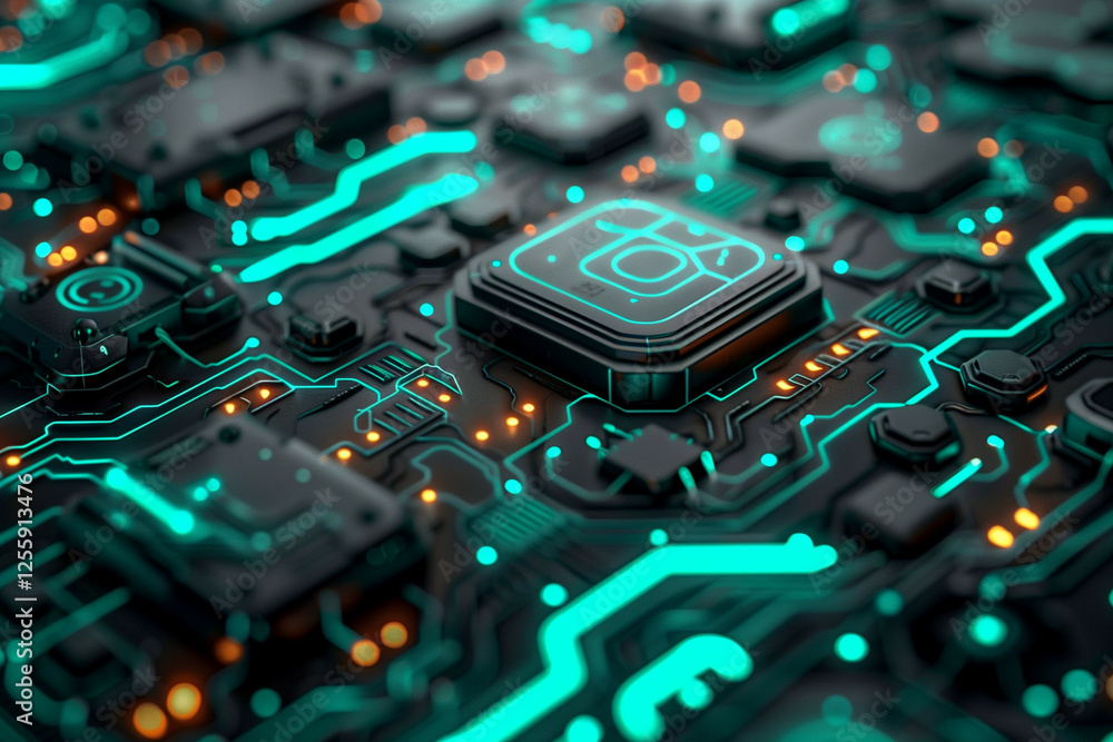 Poster an intricate futuristic circuit board design with glowing neon lines and advanced technology element