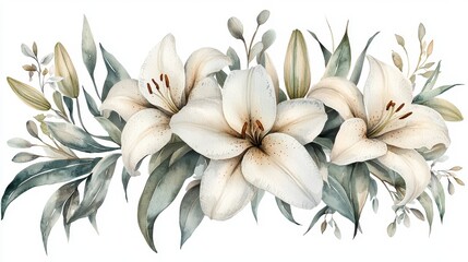 Elegant Watercolor Illustration of White Lilies and Green Leaves on Soft Background