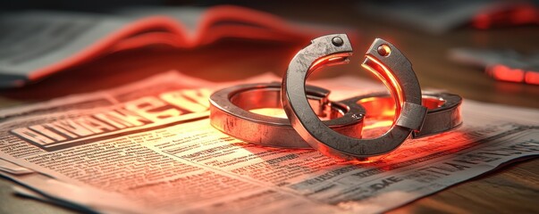 Handcuffs on Newspaper with Soft Lighting Creating a Dramatic Effect