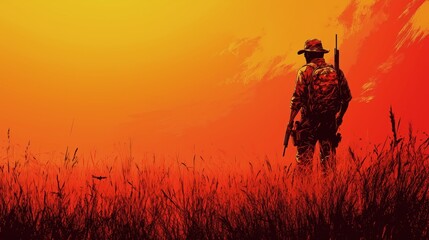 Fototapeta premium Soldier standing in grass under a bright orange sunset in a tranquil landscape