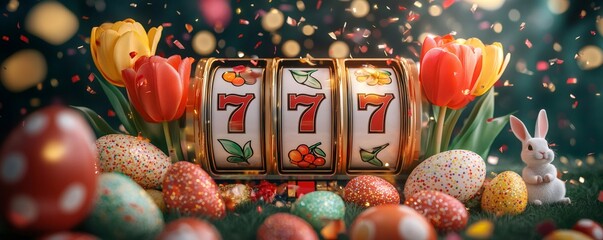 Slot machine displaying 777, adorned with easter eggs, tulips, and a showering of confetti, celebrating a festive win