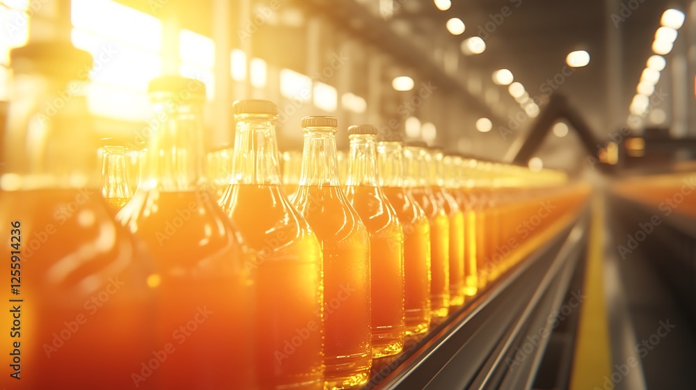 Poster bottles filled with amber liquid move along a conveyor belt in a bright factory setting, showcasing 