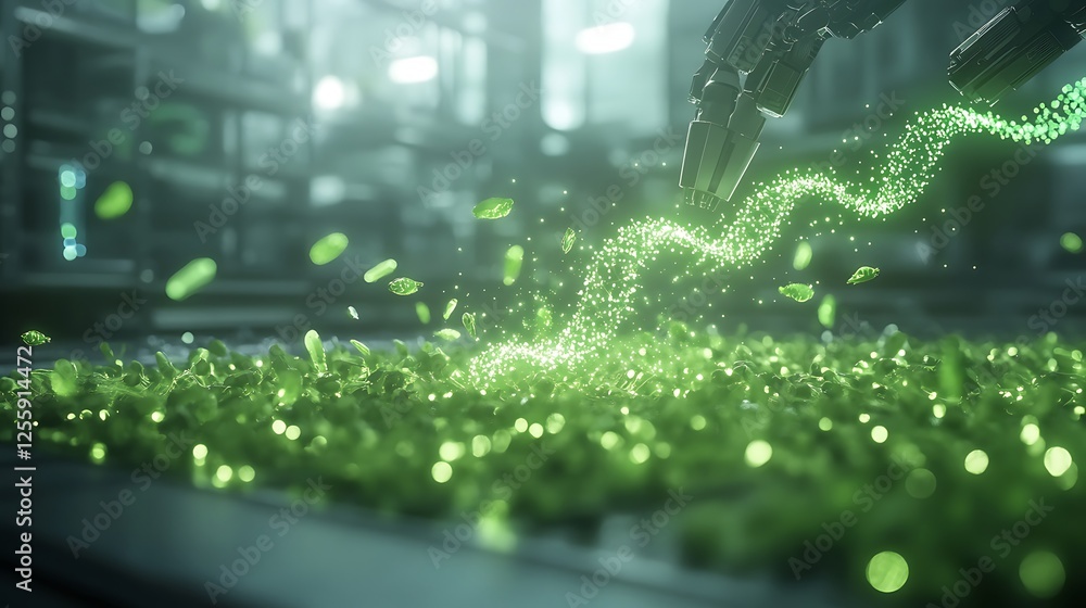 Poster A robotic hand interacts with glowing green particles, creating a mesmerizing display of light in a futuristic, laboratory-like environment.