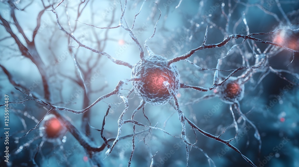 Poster Macro close up view of a glowing blue neural network representing brain activity neural connections and neuroscience research concept