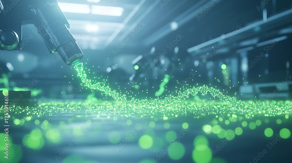 Poster a futuristic scene featuring a gun emitting a stream of glowing green particles in a high-tech envir