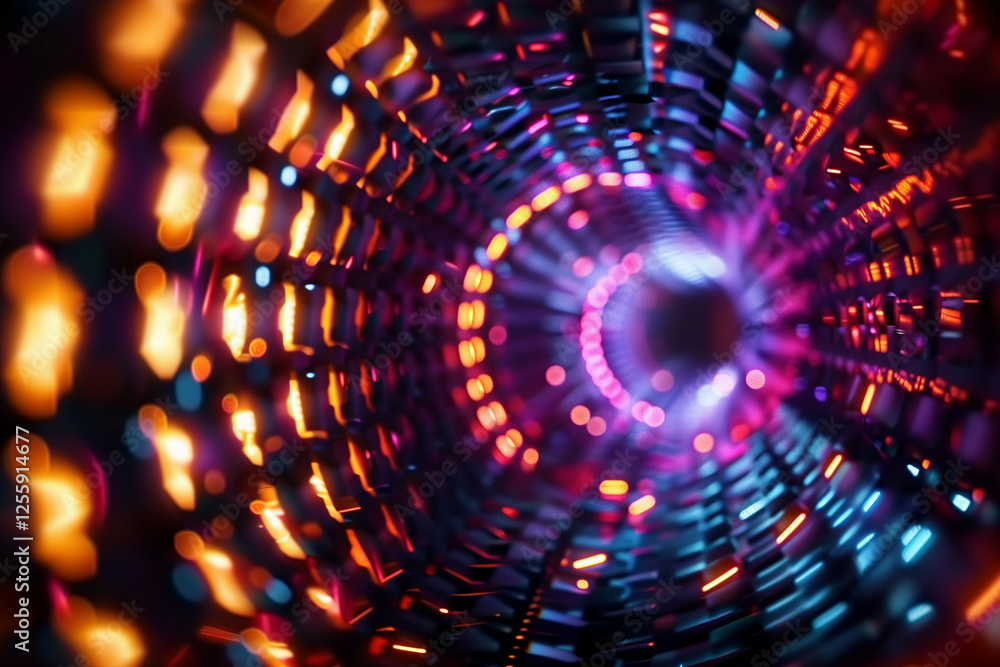 Poster a close-up view of a futuristic tunnel illuminated with vibrant neon lights and dynamic bokeh effect
