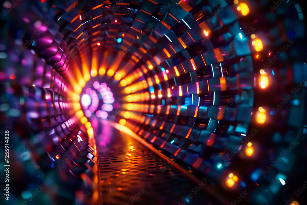Poster a close-up view of a futuristic tunnel illuminated by colorful led lights creating a vibrant optical