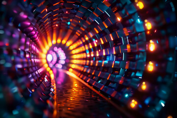 Fototapeta premium A Close-up View of a Futuristic Tunnel Illuminated by Colorful LED Lights Creating a Vibrant Optical Illusion