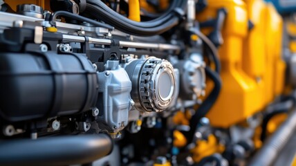 Fototapeta premium Close-up of industrial machinery and engine components in factory setting
